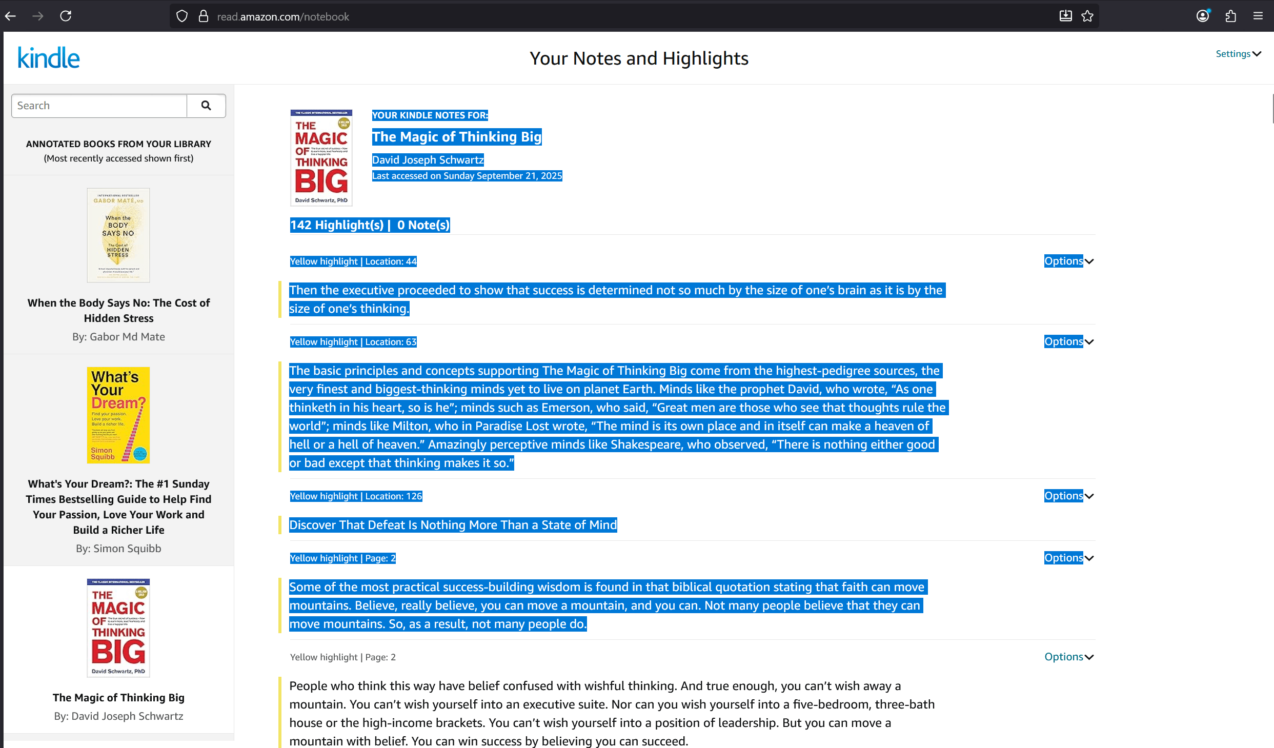 Kindle highlights page showing The Magic of Thinking Big book with highlighted passages